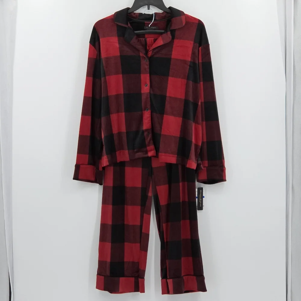 Donna Karan 2 Piece Pajamas Set  Womens Size XL Red Buffalo Plaid Velour Preppy